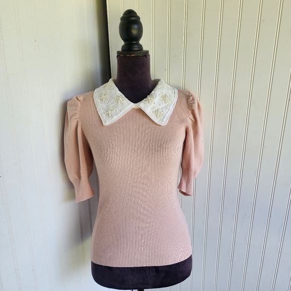 On Twelfth 12th Fitted Puff Sleeve Blush Pink Pullover Sweater Ribbed Collared S - Picture 1 of 11